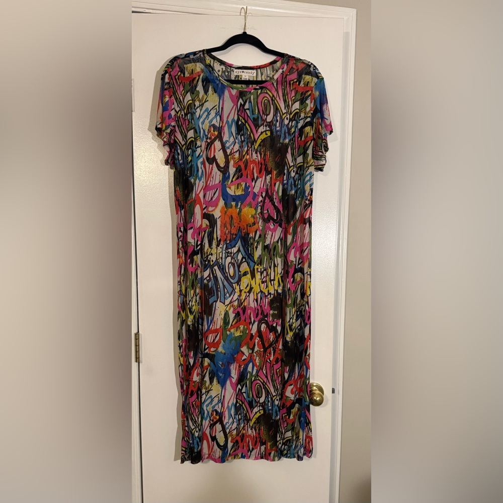 Sheer Graffiti Dress double high slits entirely sheer colorful style graduation